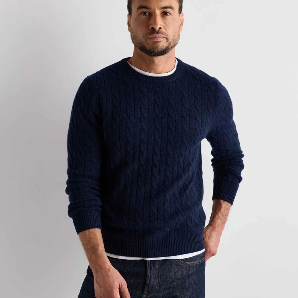 Quince Mongolian Cashmere Classic Cable Knit Crewneck Sweater True Navy Blue S